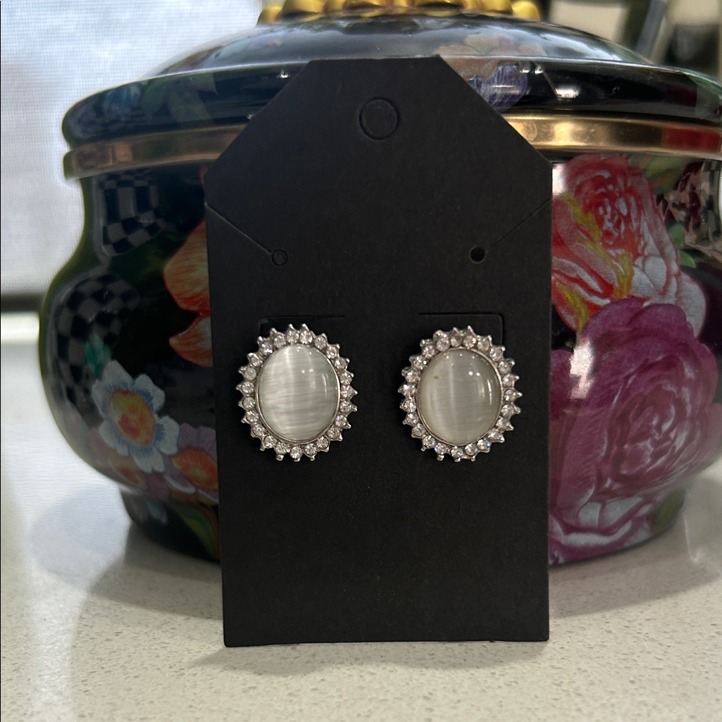 Elegant White/Gray Gemstone Silver Earrings With Crystal Accents